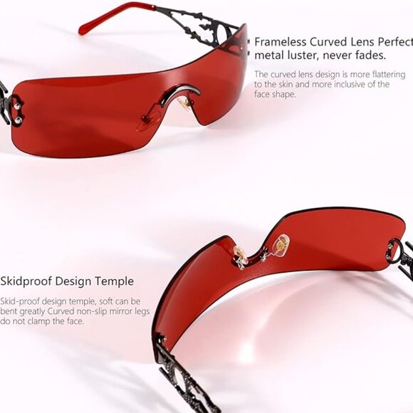 Red Rimless Y2k Rectangle Vintage Fashion Flame Metal Sunglasses For Women Men - Picture 3 of 6
